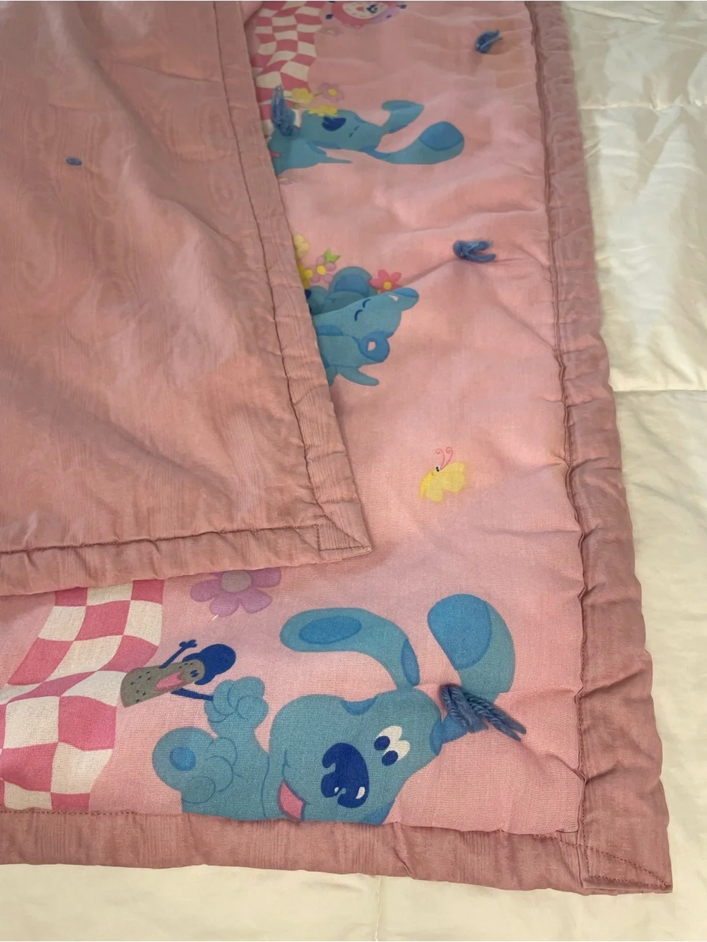 Vtg 90s Blues Clues Pink Hand-Tied Twin Quilt Blanket 84x59 As-Is Upcycled
